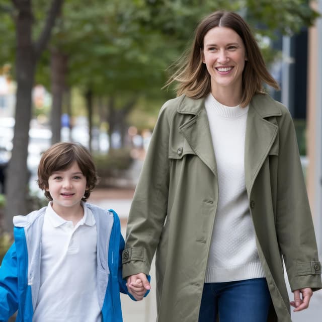 A parent and child walking to school together